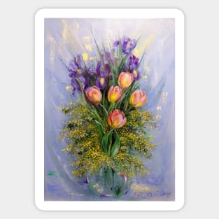 The Gift from Ariel. Irises, Tulips and Mimosa. Sticker